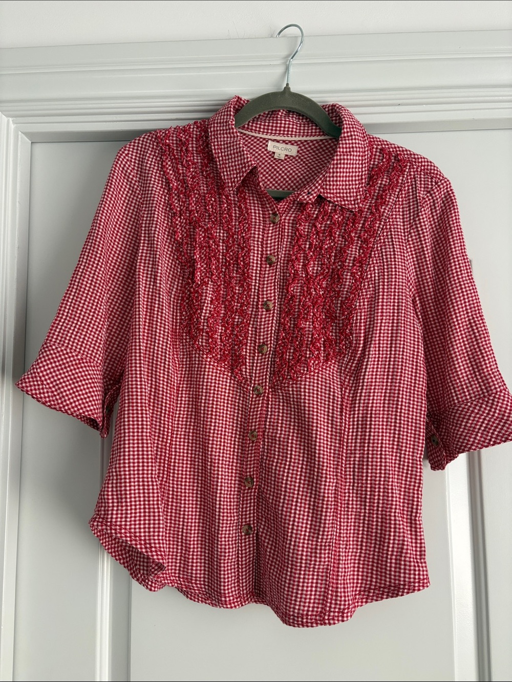 Pilcro (Anthropologie)Red and White Gingham Button-Up Blouse with Textured Front
